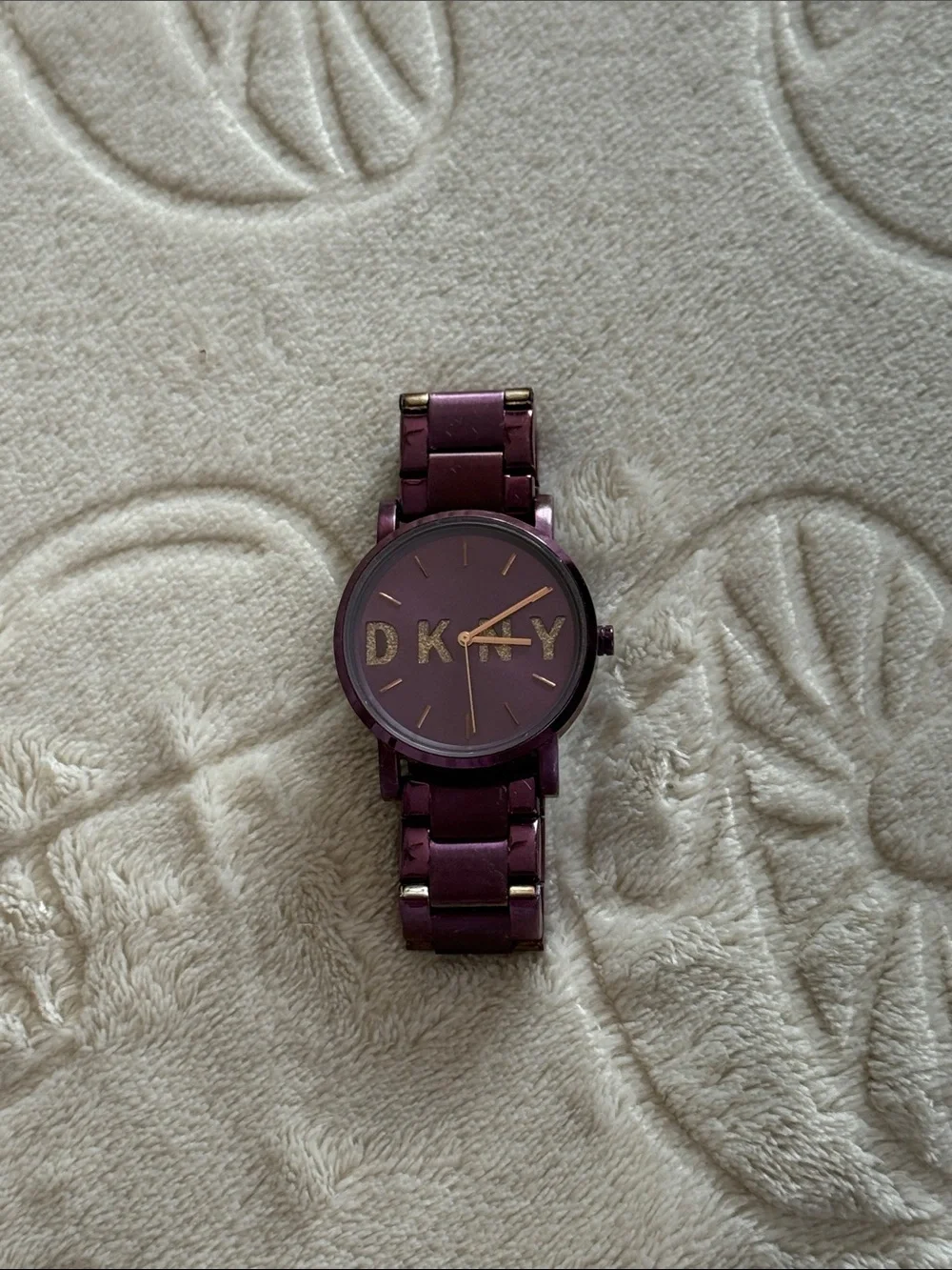 DKNY Plum Metal Link Watch with Gold Accents